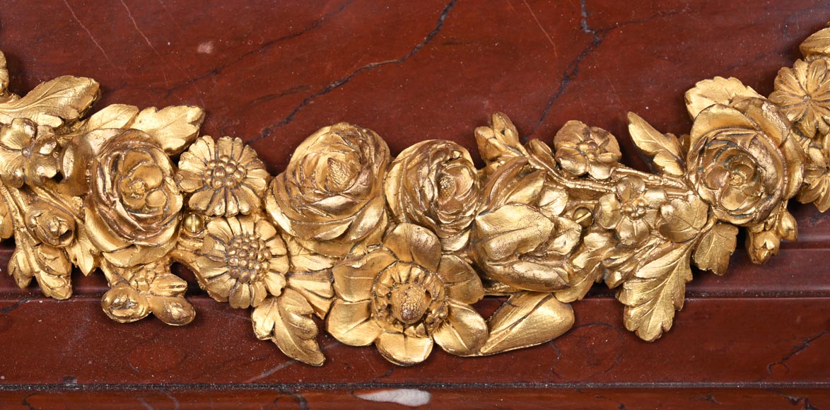 Louis XVI style fireplace in Antique Red marble, with bronze mounts, decorated with a garland-2