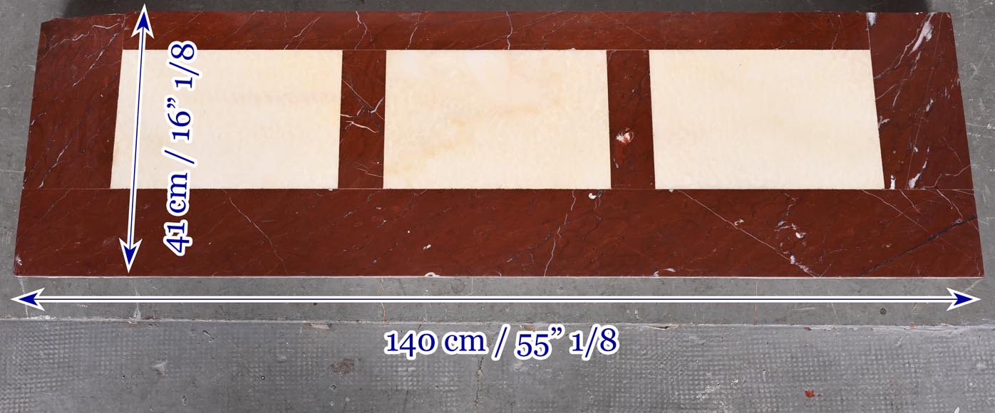 Louis XVI style fireplace in Antique Red marble, with bronze mounts, decorated with a garland-12