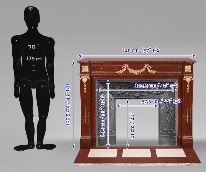 Louis XVI style fireplace in Antique Red marble, with bronze mounts, decorated with a garland-14