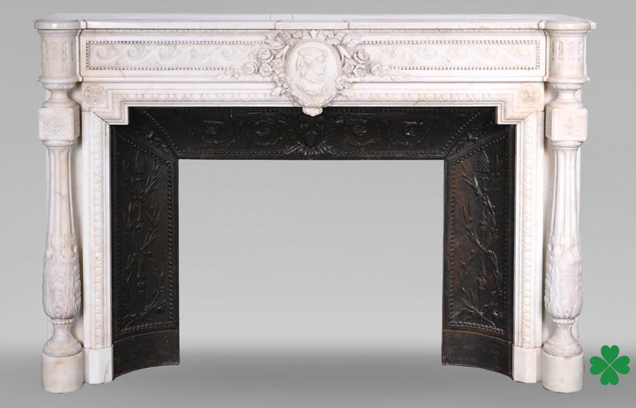 Louis XVI style white marble fireplace with columns and female profile medallion-0