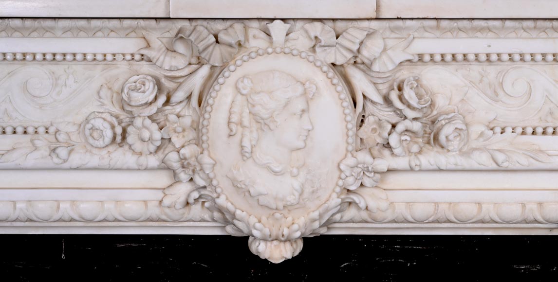 Louis XVI style white marble fireplace with columns and female profile medallion-1