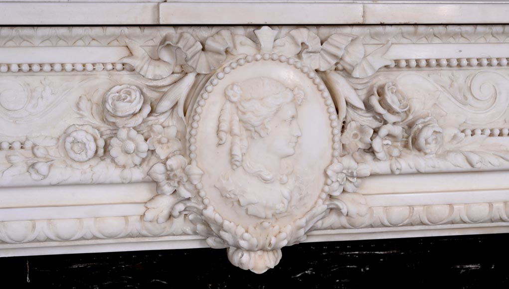 Louis XVI style white marble fireplace with columns and female profile medallion-2
