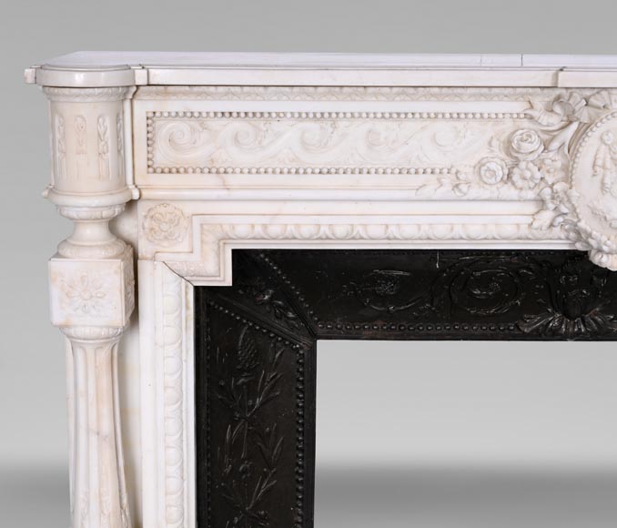 Louis XVI style white marble fireplace with columns and female profile medallion-5