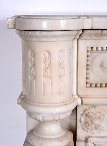 Louis XVI style white marble fireplace with columns and female profile medallion-7