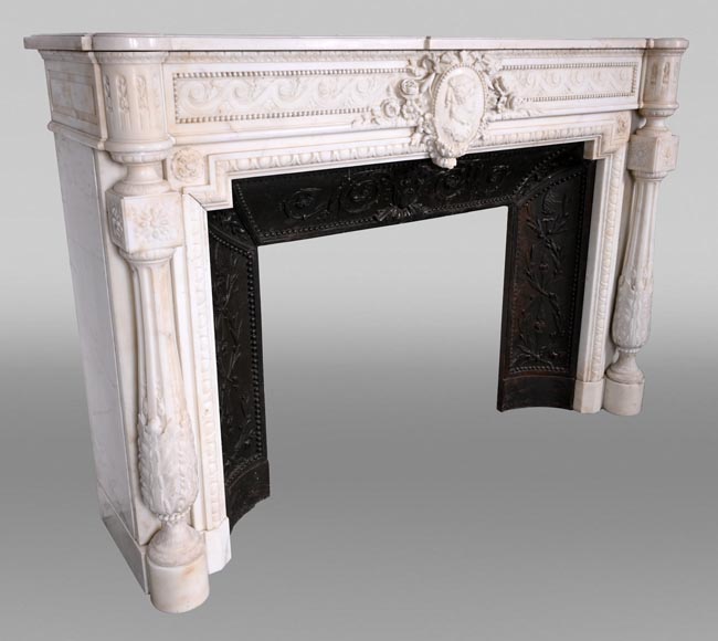 Louis XVI style white marble fireplace with columns and female profile medallion-8