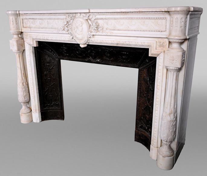 Louis XVI style white marble fireplace with columns and female profile medallion-9