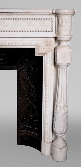 Louis XVI style white marble fireplace with columns and female profile medallion-10