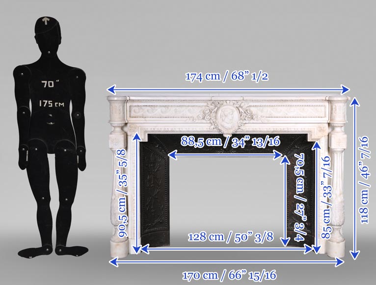 Louis XVI style white marble fireplace with columns and female profile medallion-14