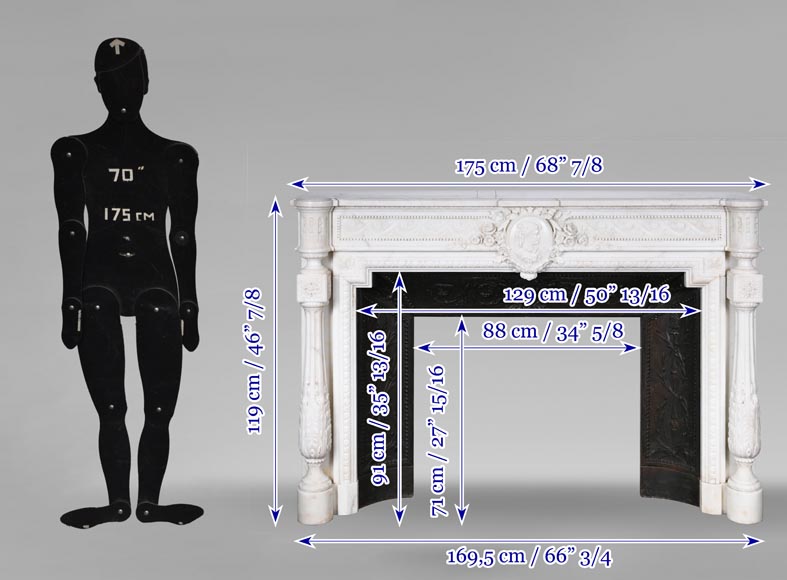 Louis XVI style white marble fireplace with columns and female profile medallion Louis XVI style white marble fireplace with columns and female profile medallion-17