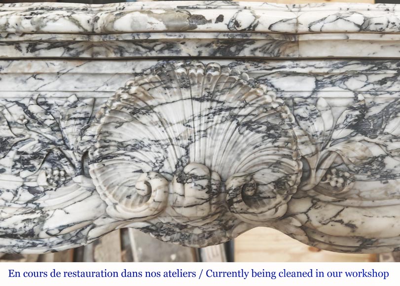  Large Louis XV style fireplace decorated with a large shell, in Seravezza marble-1