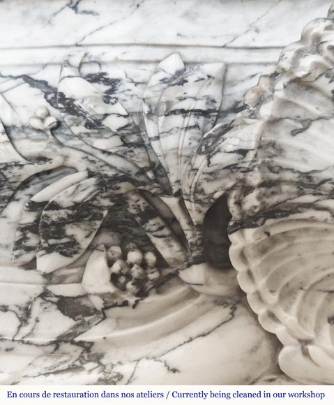  Large Louis XV style fireplace decorated with a large shell, in Seravezza marble-4
