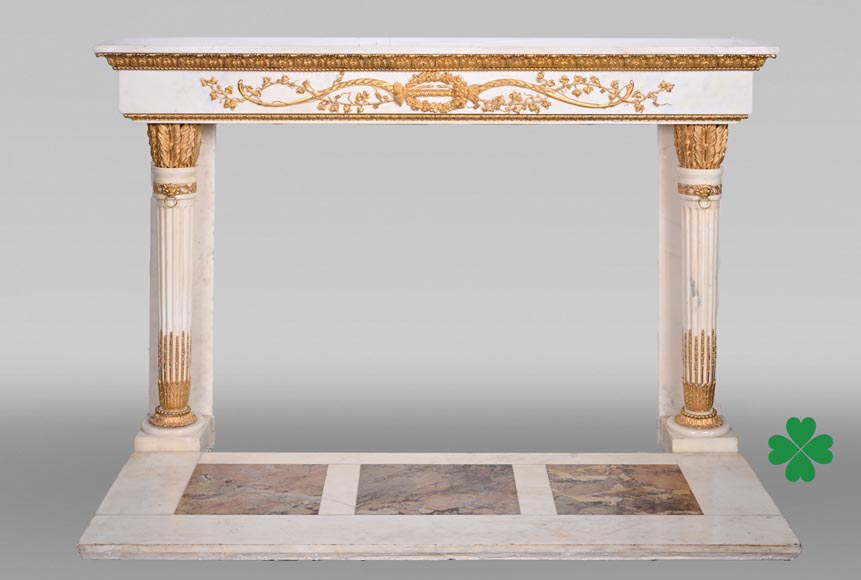 Very beautiful antique Louis XVI style fireplace in Statuary Carrara marble with quiver-shaped columns, after the model from the Chateau of Fontainebleau-0