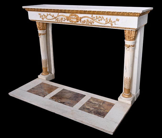 Very beautiful antique Louis XVI style fireplace in Statuary Carrara marble with quiver-shaped columns, after the model from the Chateau of Fontainebleau-8