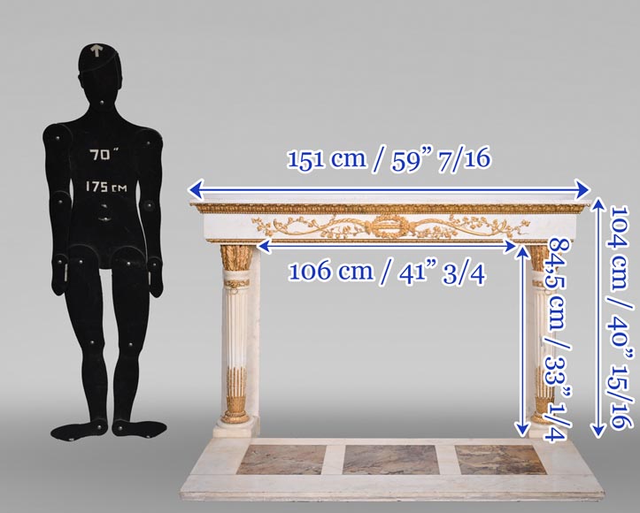 Very beautiful antique Louis XVI style fireplace in Statuary Carrara marble with quiver-shaped columns, after the model from the Chateau of Fontainebleau-13