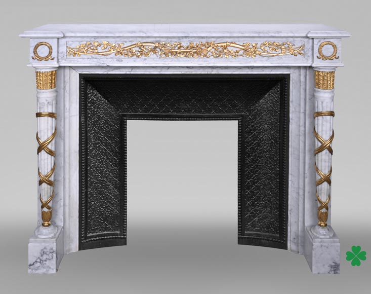 Louis XVI Fireplace in White Marble and Gilt Bronze-0