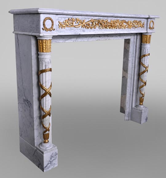 Louis XVI Fireplace in White Marble and Gilt Bronze-5