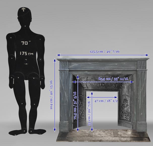Louis XVI style fireplace in blue turquin marble, with single fluting-10