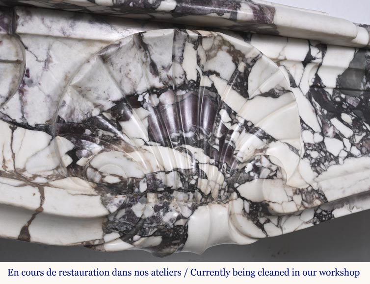 Louis XV style fireplace in purple breccia, decorated with a shell-2