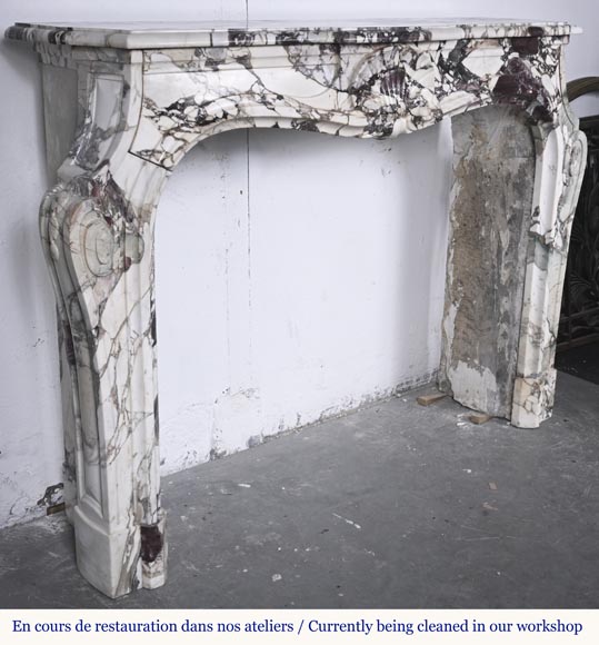 Louis XV style fireplace in purple breccia, decorated with a shell-3