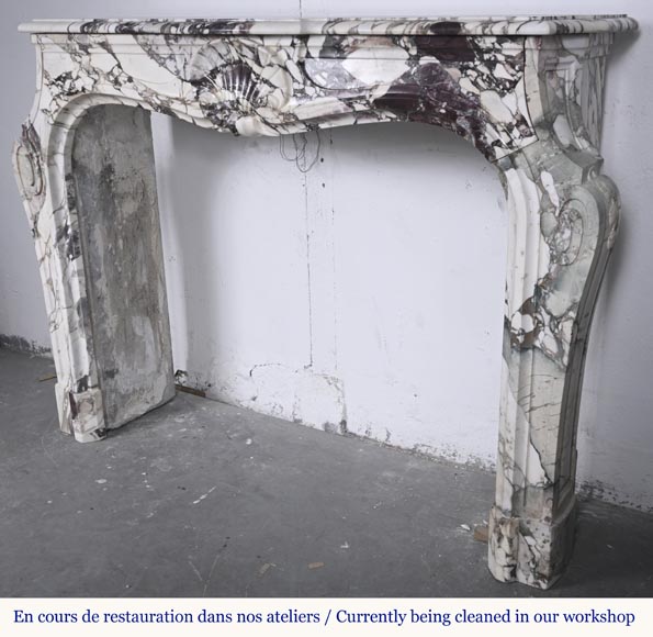 Louis XV style fireplace in purple breccia, decorated with a shell-8