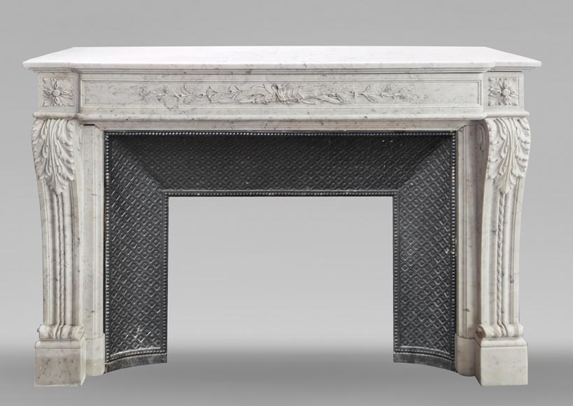 Louis XVI style fireplace in Carrara marble decorated with a bow and a quiver-0