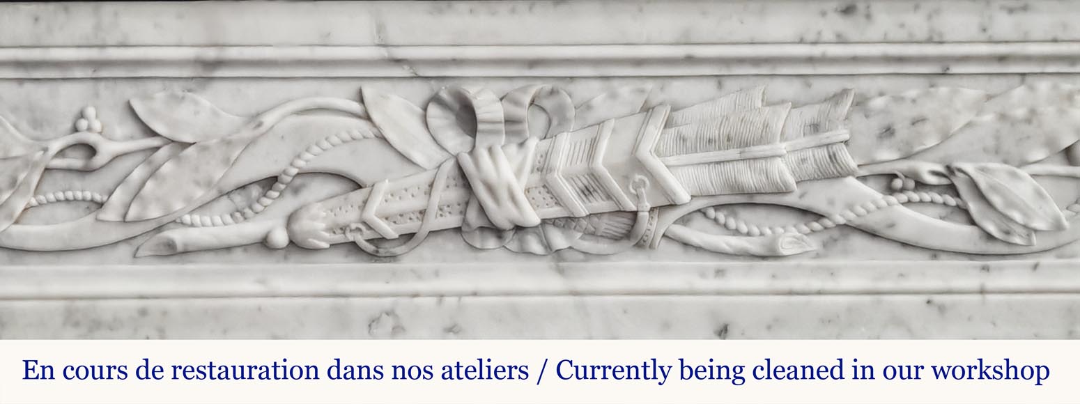Louis XVI style fireplace in Carrara marble decorated with a bow and a quiver-1