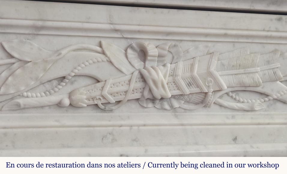 Louis XVI style fireplace in Carrara marble decorated with a bow and a quiver-2