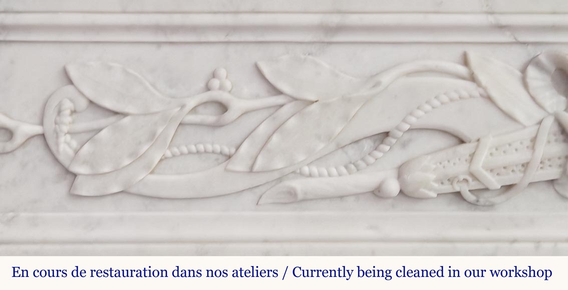 Louis XVI style fireplace in Carrara marble decorated with a bow and a quiver-3