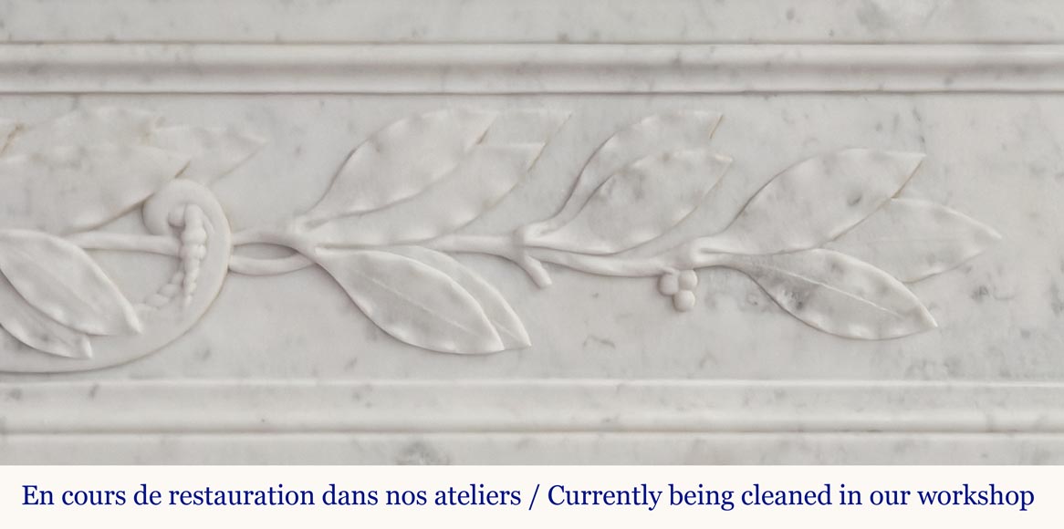 Louis XVI style fireplace in Carrara marble decorated with a bow and a quiver-4