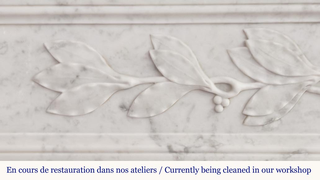 Louis XVI style fireplace in Carrara marble decorated with a bow and a quiver-5