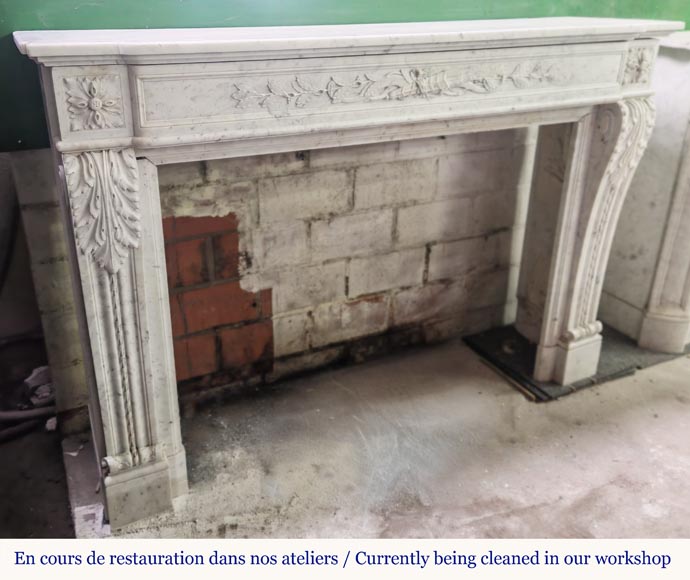 Louis XVI style fireplace in Carrara marble decorated with a bow and a quiver-6