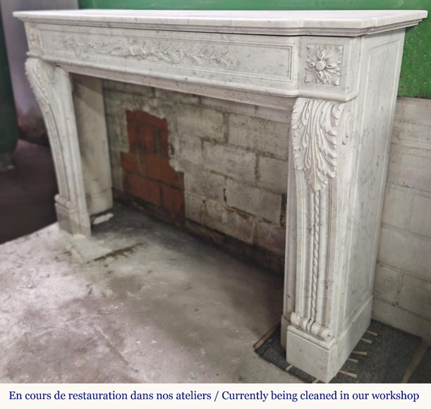 Louis XVI style fireplace in Carrara marble decorated with a bow and a quiver-9