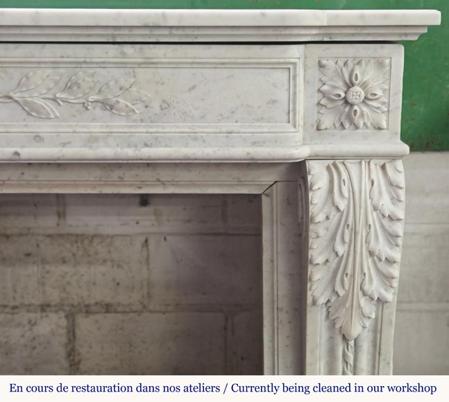 Louis XVI style fireplace in Carrara marble decorated with a bow and a quiver-10
