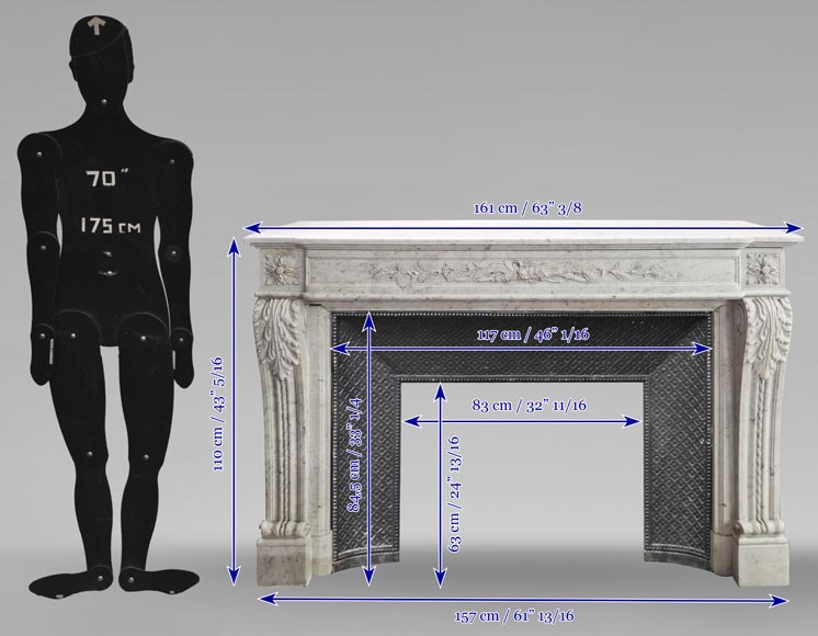 Louis XVI style fireplace in Carrara marble decorated with a bow and a quiver-14