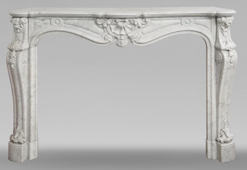 Large Louis XV style fireplace in Carrara marble decorated with shells and flowers-0