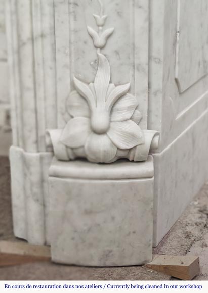 Large Louis XV style fireplace in Carrara marble decorated with shells and flowers-8