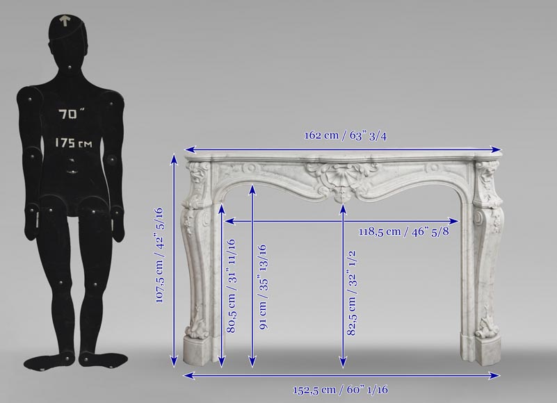 Large Louis XV style fireplace in Carrara marble decorated with shells and flowers-10