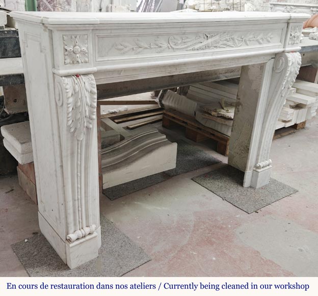 Louis XVI style fireplace with acanthus leaves, in Carrara marble-5