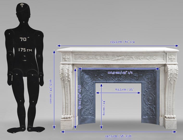 Louis XVI style fireplace with acanthus leaves, in Carrara marble-13