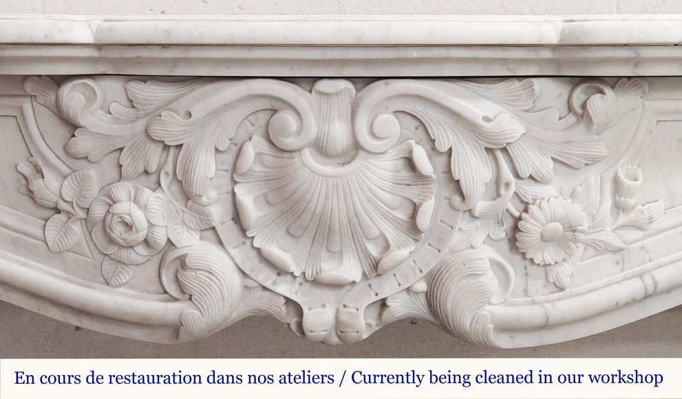 Louis XV style fireplace in Carrara marble, with shell and flower decoration-1