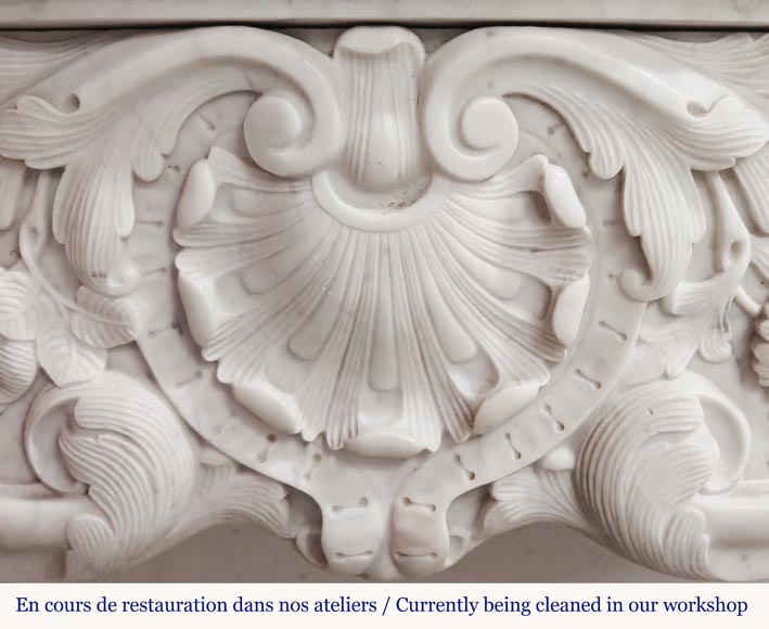 Louis XV style fireplace in Carrara marble, with shell and flower decoration-2
