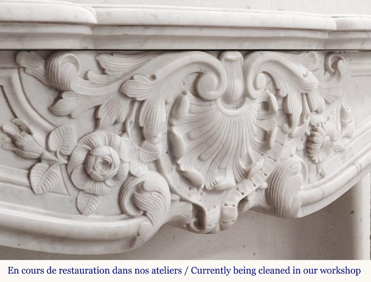 Louis XV style fireplace in Carrara marble, with shell and flower decoration-3