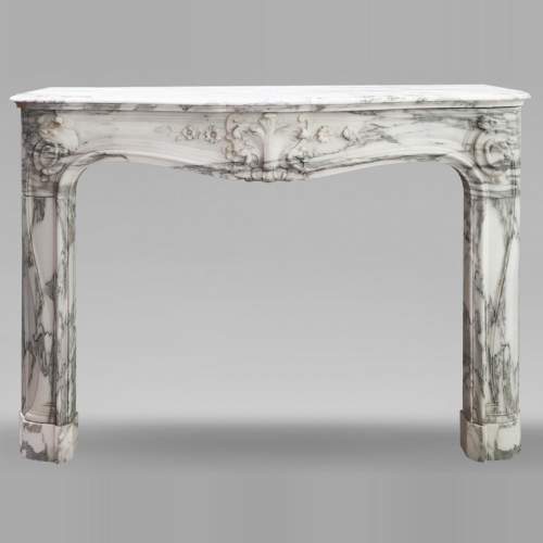 Louis XV style fireplace with floral palmette, in Arabescato marble
