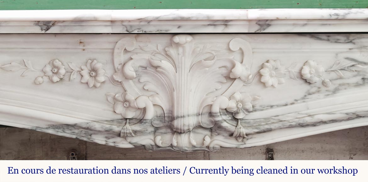 Louis XV style fireplace with floral palmette, in Arabescato marble-1