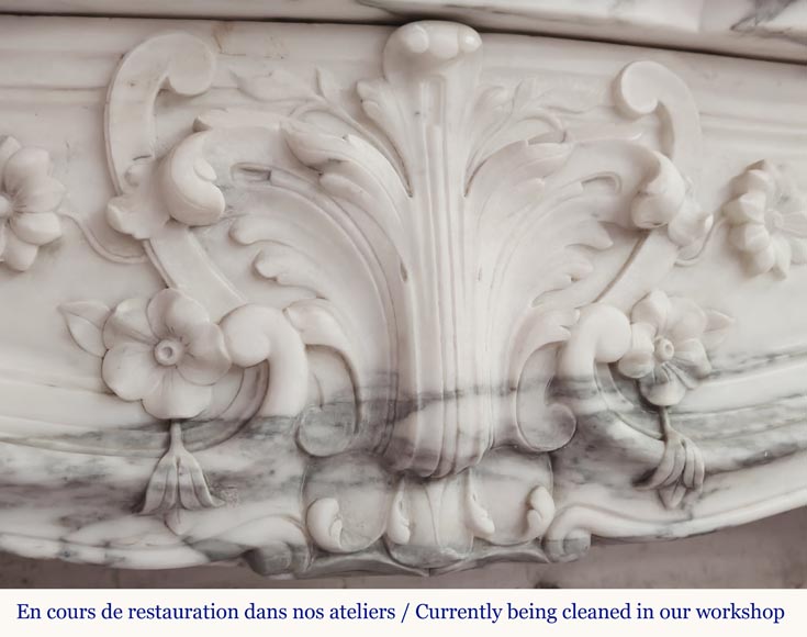 Louis XV style fireplace with floral palmette, in Arabescato marble-3
