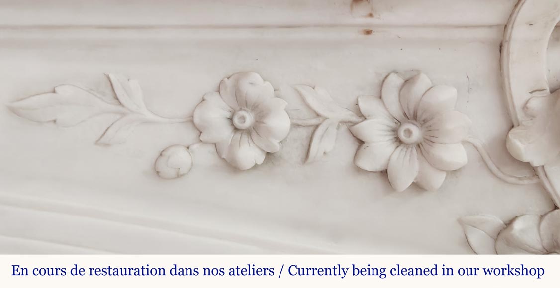 Louis XV style fireplace with floral palmette, in Arabescato marble-4