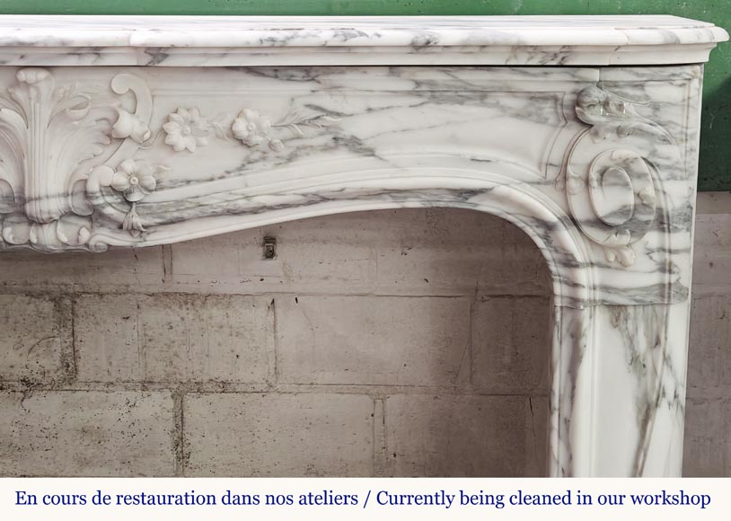 Louis XV style fireplace with floral palmette, in Arabescato marble-10