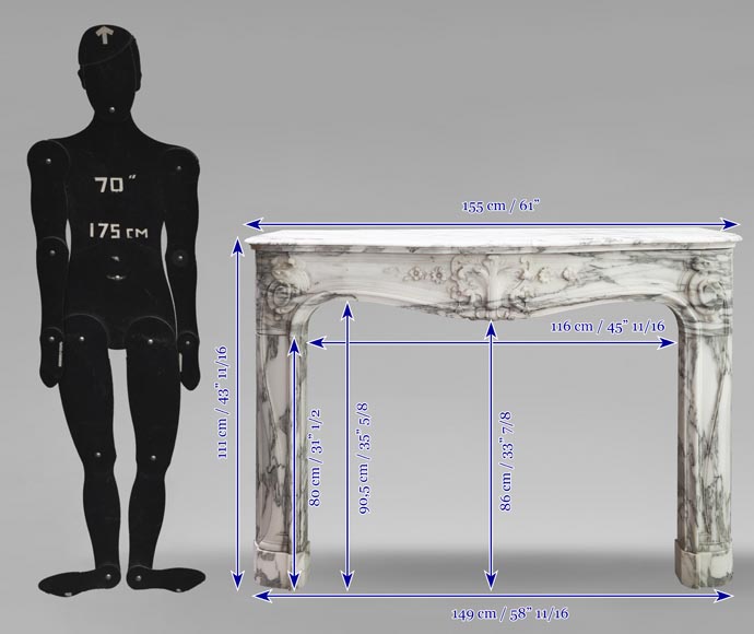 Louis XV style fireplace with floral palmette, in Arabescato marble-13