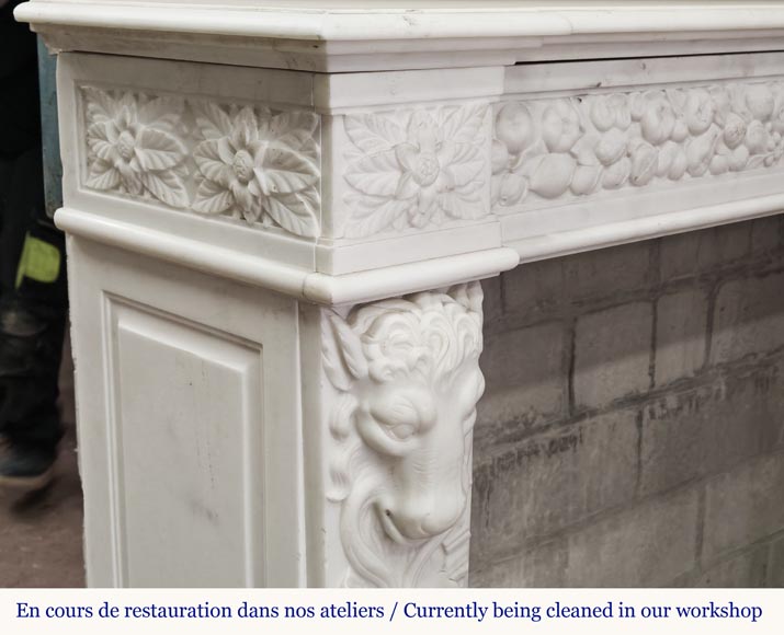 Napoleon III style fireplace in statuary marble, decorated with fruit and a goat's head-6