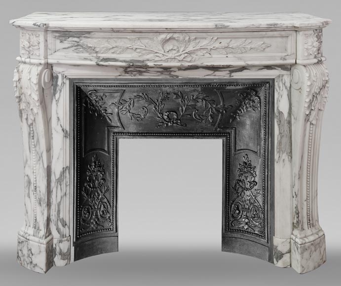 Curved Louis XVI style fireplace in Arabescato marble, decorated with a laurel wreath-0
